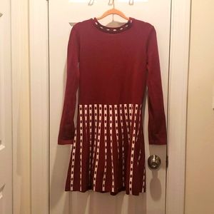 Maroon red knit stretch white stripe polka dot A line dress with sleeves